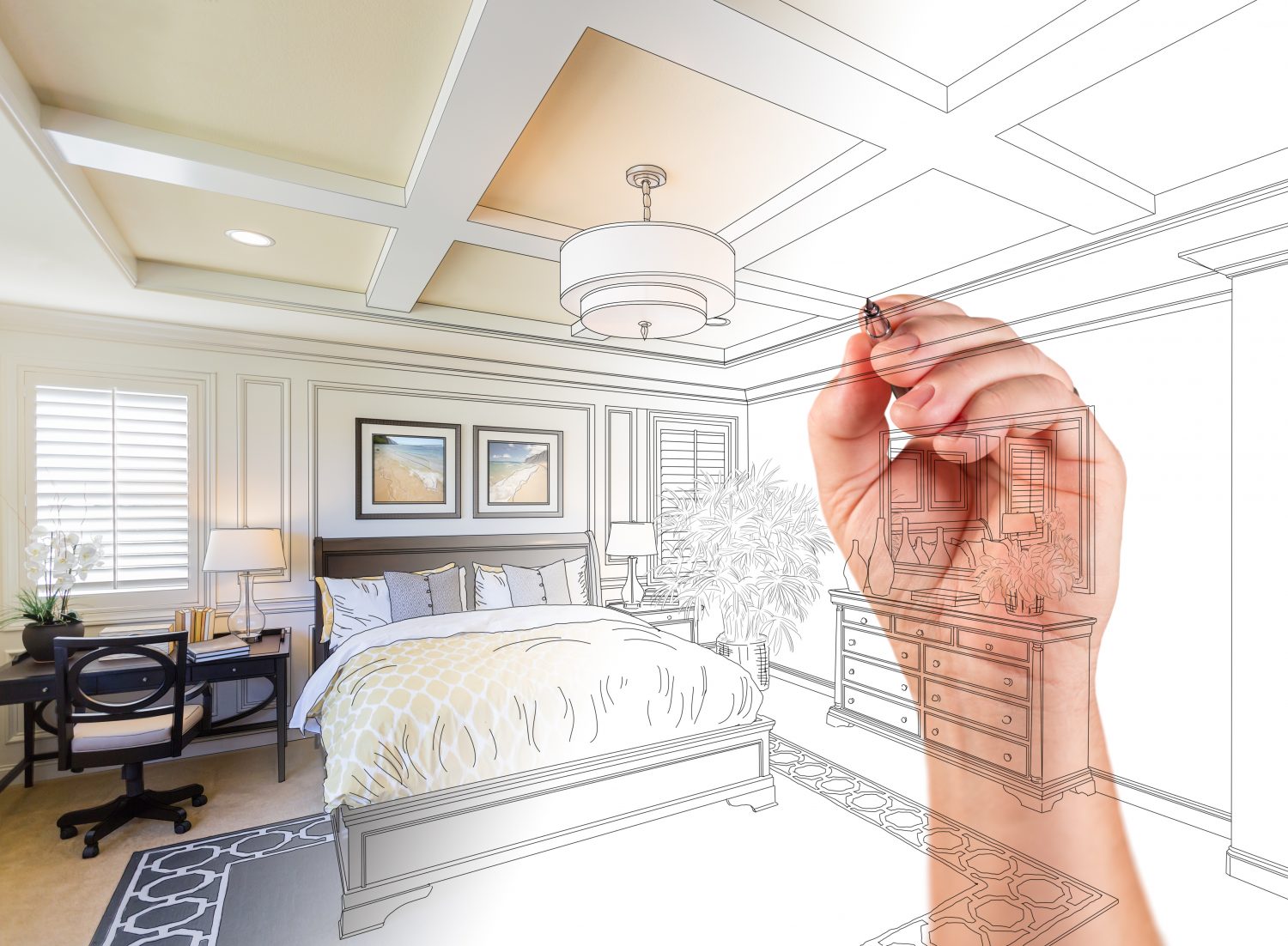 Hand Drawing Custom Master Bedroom Design With Gradation Revealing Photograph.