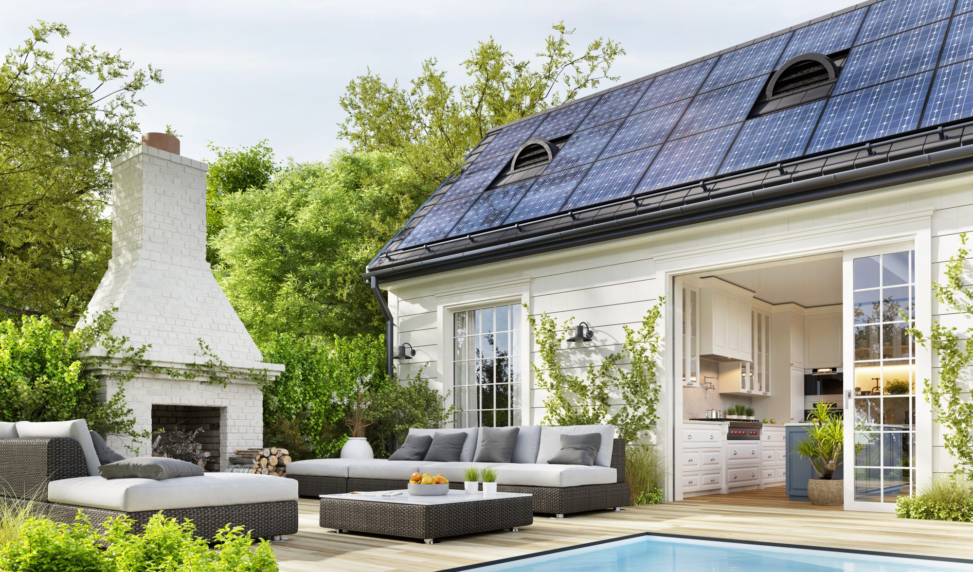 solar panels on outside pool house