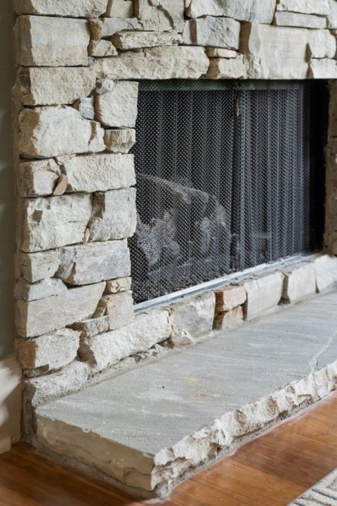 Stone fireplace detail on home in Black Mountain, North Carolina.
