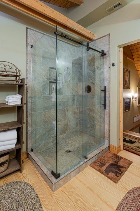 View of glass shower in Black Mountain, North Carolina.