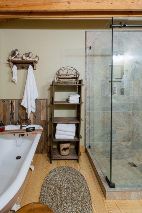 Side view of bathroom with glass shower in Black Mountain, North Carolina