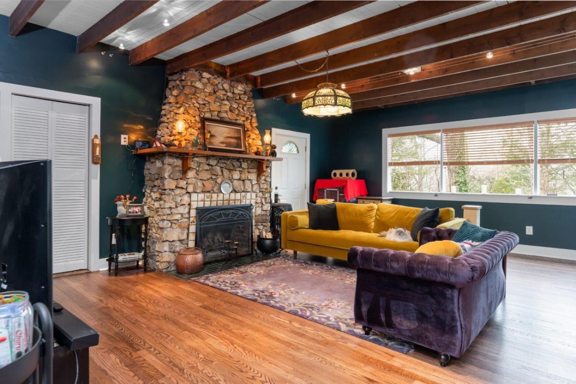 Living Room showcasing stone fireplace in Black Mountain, NC.