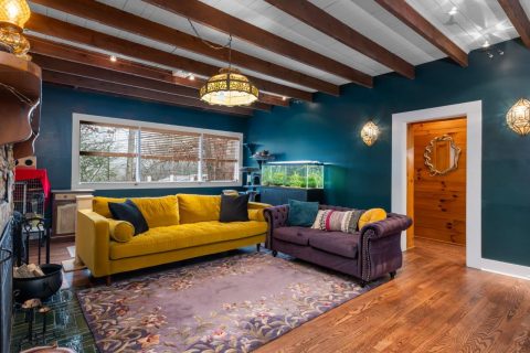Living Room view showcasing ceiling beams in Black Mountain, NC.