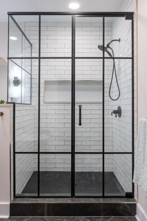 Master Shower view with white subway tiles in Black Mountain, NC.