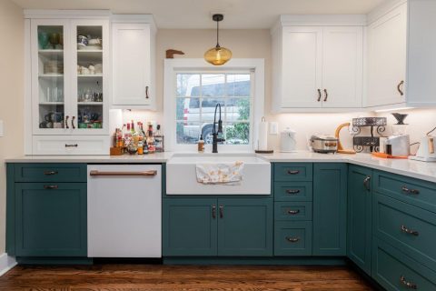 Main view of kitchen showcasing brushed copper finishes on appliances in Black Mountain, NC.