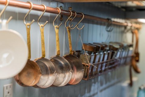 Hanging pots and pans in Black Mountain, North Carolina kitchen.