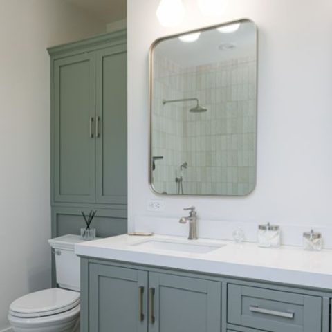 Profile view of vanity and linen storage